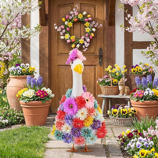 Abbylike 1 Set Spring Flower Porch Goose Outfits Colorful Spring Yard Goose Outfits Costume Clothes Fits Large 23'' Cement for Garden Yard Statue Pathway Decorations