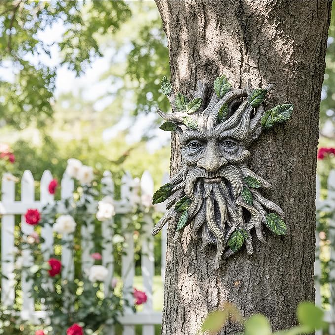 13.2" Real Tree Face Hugger Statue, Resin Elves Sculpture with Foliage Features, Large Outdoor Tree Hugger for Yard Art, Halloween Trees Decorations Outdoor Wall Mounted Statue