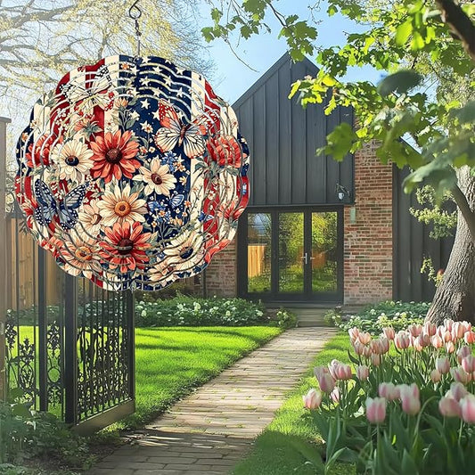 American Butterfly Floral Wind Spinner Outdoor, USA 250th Anniversary Wind Chime, 8 Inch 3D Metal Garden Wind Spinner, Stainless Steel Patriotic Yard Hanging Decor Gift