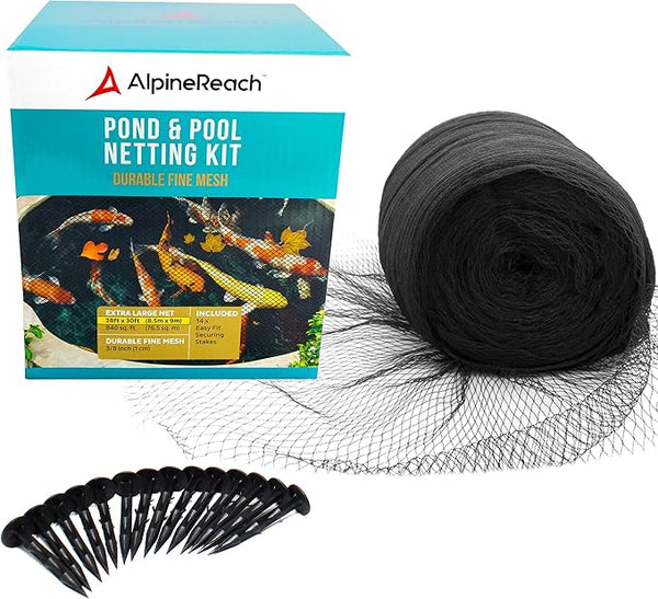 AlpineReach Koi Pond Netting Kit 40 x 40 ft Black Heavy Duty Woven Fine Mesh Net Cover for Leaves - Protects Koi Fish from Blue Heron Birds, Cats & Predators – Reusable & Stakes Included