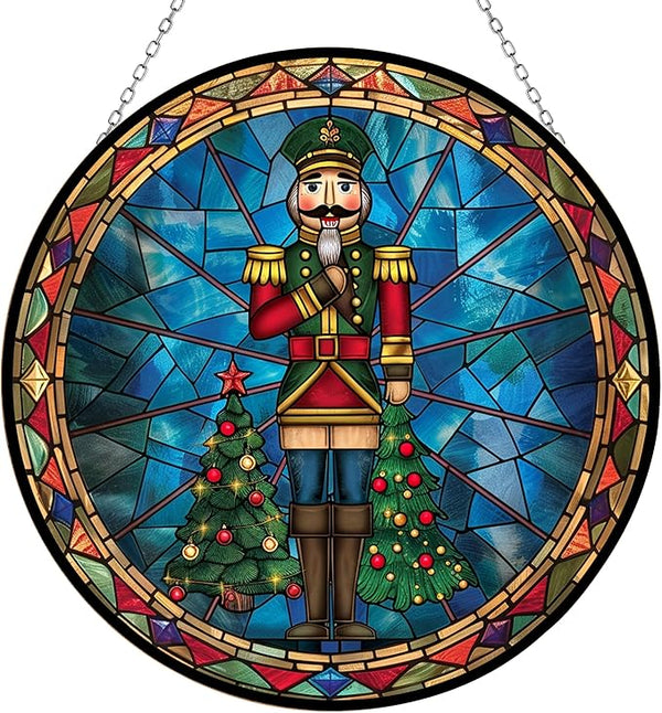 Nutcracker Standing Suncatchers for Windows by Clare Donovan, 6.3” Stained Glass Window Hangings,Hand-Painted Glass Panel Perfect for Home Décor