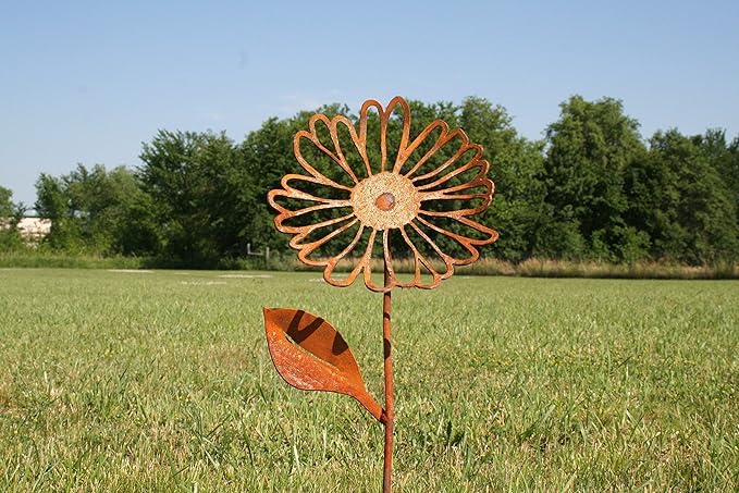 Metal Rustic and Colorful Flower Stakes Ranging from 9.5 to 36 Inches Tall (Daisy Stake 23" Tall, Naturally Rusted)