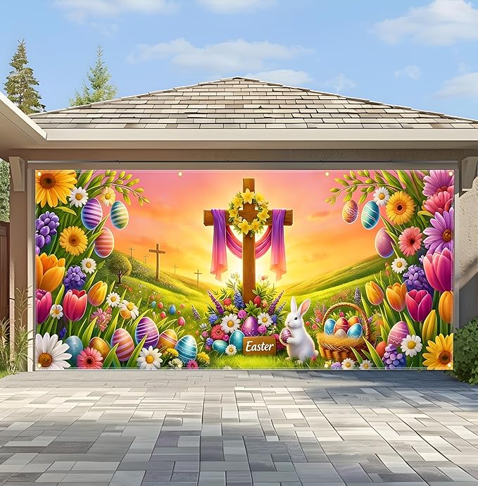 Easter Garage Door Banner 157.5x70.9in Large Spring Garage Door Cover Bunny Floral Outdoor Decorations for House Exterior Party Decor with Grommets Rope