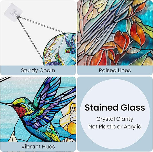AELS Stained Glass 7.87" Round Suncatcher, Colorful Sun Catcher for Home Garden Window Decor, Window Hanging Ornament Gift for Friends and Family, Blue Feathered Hummingbird