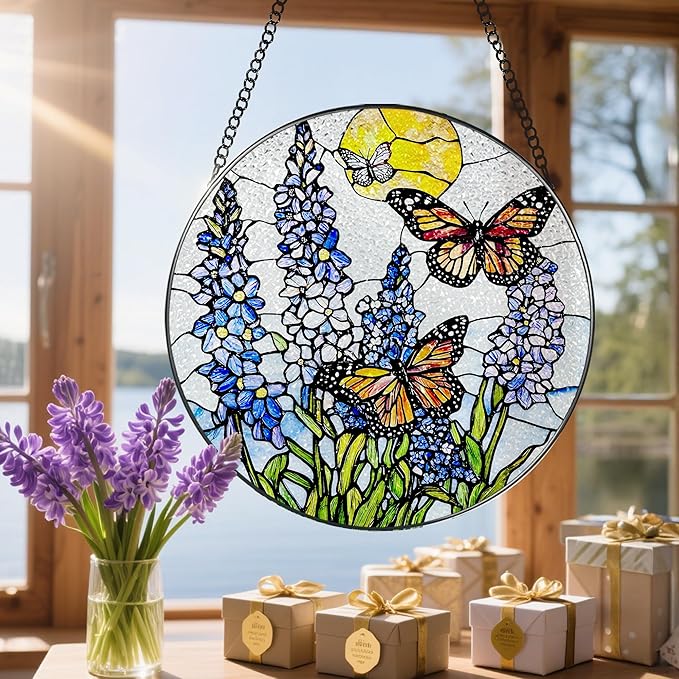 Stained Glass Window Hanging, 8 Inch Lavender & Butterfly Sun Catcher Decor, Stained Glass Ornament, Suncatchers for Windows Hanging, Window Decor, Gifts for Butterfly Lovers, Flower Lovers Gifts