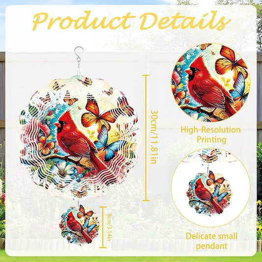 Cardinal Wind Spinner Outdoor, Bird Decor Gift for Men Women, Hanging Metal Wind Catcher with 3" Center Pendant, 12" 3D Stainless Steel Kinetic Art for Garden Yard