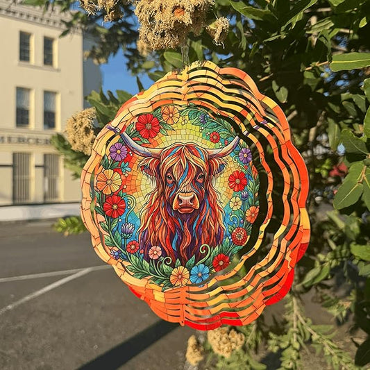 Highland Cow Wind Spinner, 3D Hanging Stainless Steel Garden Spinner, Wind Spinner Hanging for Outdoor & Indoor Décor, Unique Gifts for Yard Garden Decoration or Patio Décor (Highland Cow)