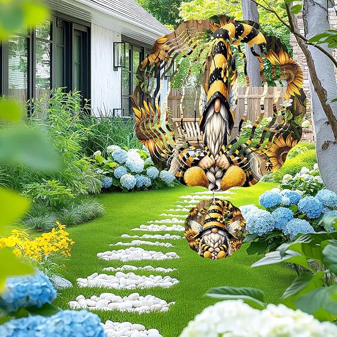Wind Spinner Hanging Outdoor Decor, 12 Inch 3D Bee Gnome Metal Kinetic Wind Spinners for Garden Yard Patio, Stainless Steel Laser Cut Art Gifts for Women Outdoor Decorations