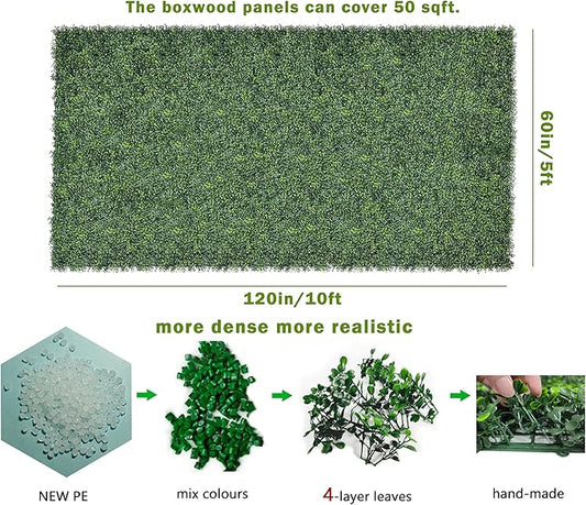 Bybeton 60"x120" (50 Sq Ft) Grass Wall Backdrop | Dense Artificial Greenery Wall Panels for Privacy & Decor | UV-Proof Faux Boxwood Hedge for Garden Fence, Balcony, Party & Indoor Plant Wall