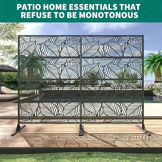 Garveelife Metal Privacy Screen 72" H×47" W for Outdoor Freestanding Decorative Privacy Wall Panels with Stand, Patio Balcony Screens for Outside Divider Deck Porch Garden, 1PC