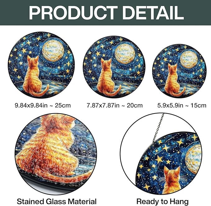 Orange Cat Stained Glass Suncatcher, Starry Night Orange Cat Lovers Gifts Window Hanging Garden Decor, Memorial Pet Loss Sympathy Gift Christmas Birthday for Grandma, Friends, Women