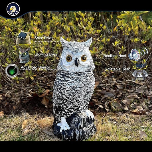 Solar Powered Snow Owl with Glowing Eyes, Rotatable Head, Realistic Hoots, Detection and Silent Mode, Garden Sculpture, Decoration for Home, Garden, Patio and Lawn