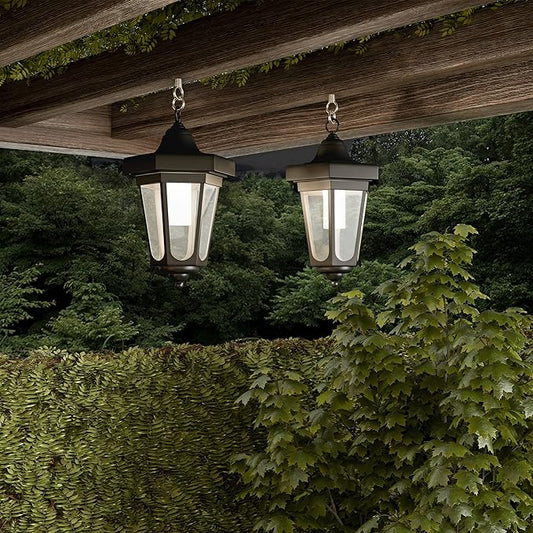 Set of 2 Solar Lanterns - Waterproof Hanging Coach LED Lights with Shepherd Hooks for Mounting - Garden Decor for Outside by Pure Garden (Black)