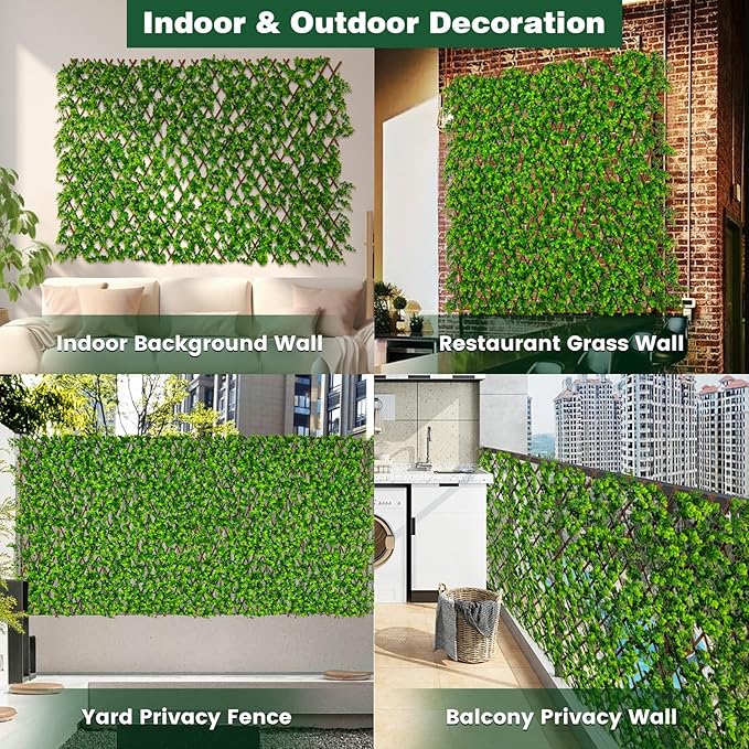 Giantex 2 Pack Expandable Fence Privacy Screen - Decorative Faux Green Eucalyptus Fencing Panel for Balcony, Artificial Hedges with PE Leaves and Willow for Outdoors Garden Patio Deck Apartment