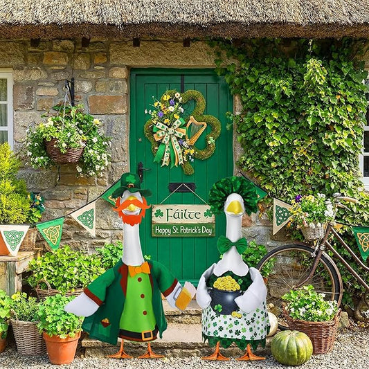 Abbylike 2 Sets St Patrick's Day Porch Goose Outfit Lucky Leprechaun Shamrock Goose Clothes Costume with Mini Black Candy Cauldron Clover for 23" Statue Saint Patty's Day Outdoor Patio Yard Lawn Decor