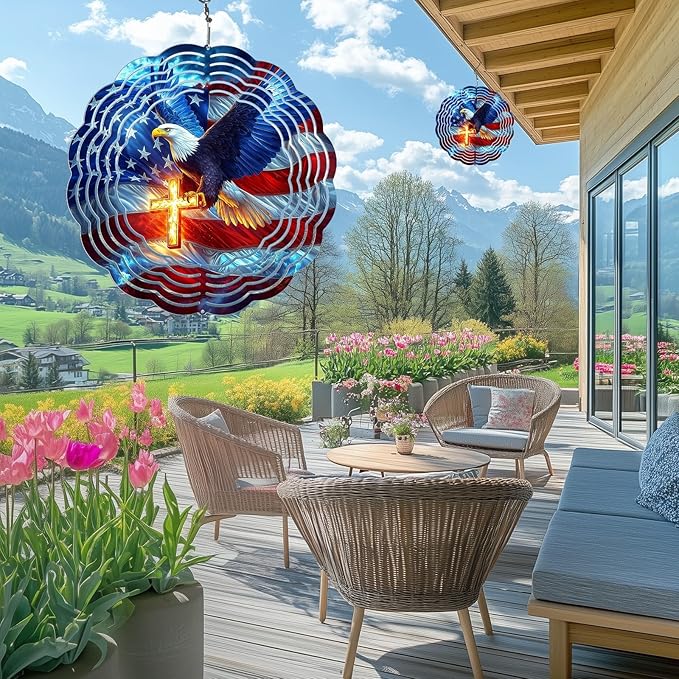 American Flag Eagle Wind Spinner Outdoor, 8 Inch 3D Metal Garden Wind Spinner, Stainless Steel Patriotic Yard Hanging Decor Gift