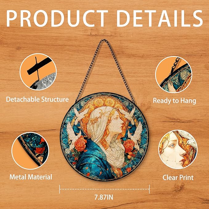 Christian Virgin Mary Suncatcher Garden Stained Glass Window Hanging, Our Lady of Grace Sun Catchers Indoor Window Glass Round Wall Decor, Religious Wall Art Hanging Decorations, "7.8x7.8"