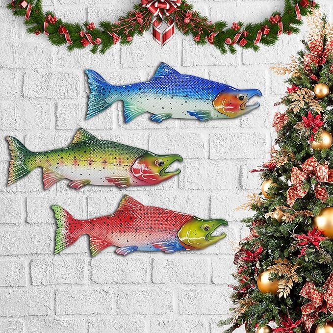 Metal Fish Wall Decor Outdoor Colorful Fish Coastal Ocean Sea Wall Art Sculptures Hanging Decorations for Bedroom, Living Room, Garden, Fence, Patio Set of 3