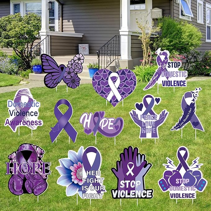 Amyhill 12 Pcs Domestic Violence Awareness Yard Sign Purple Ribbon Garden Lawn Signs with 24 Stake Stop Domestic Violence Purple Ribbon Butterfly Hands Yard Decorations for Outdoor Party Decor