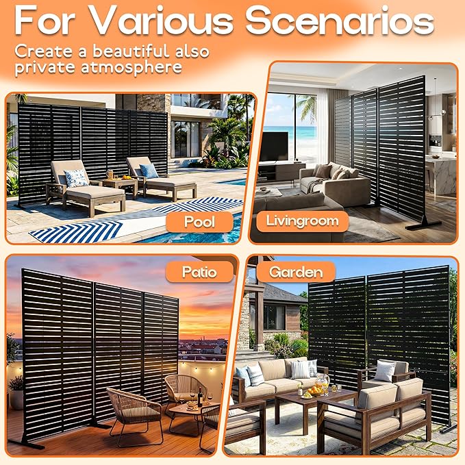 MTART Metal Privacy Screen 72" H x 47.2" Decorative Outdoor Privacy Screen Privacy Panel with Stand for Balcony Deck Patio Lawn Garden, Privacy Fence (Black-Louvered)