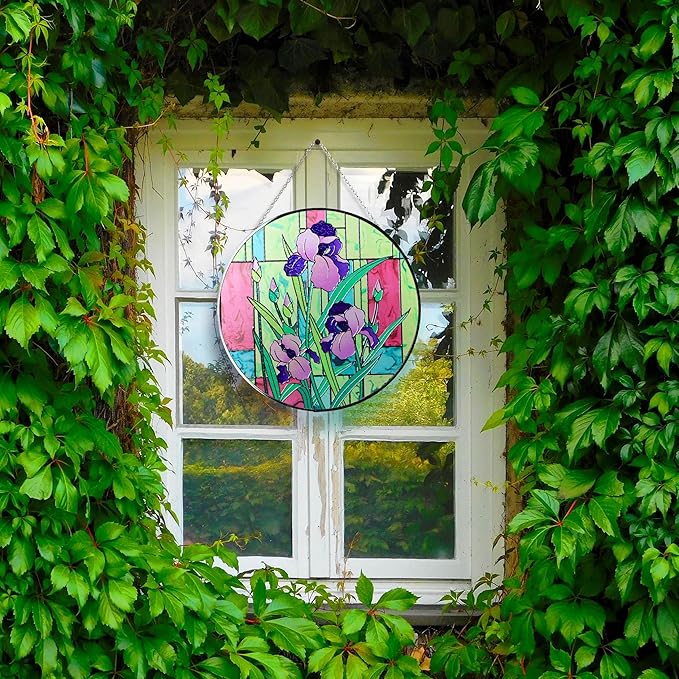 Hanway Suncatcher in Colorful Stained Glass 12" Dia - Genuine Brightly Colored Glass, Protective Metal Edge, Ready to Use Hanging Chain, for Window, Garden (Iris)