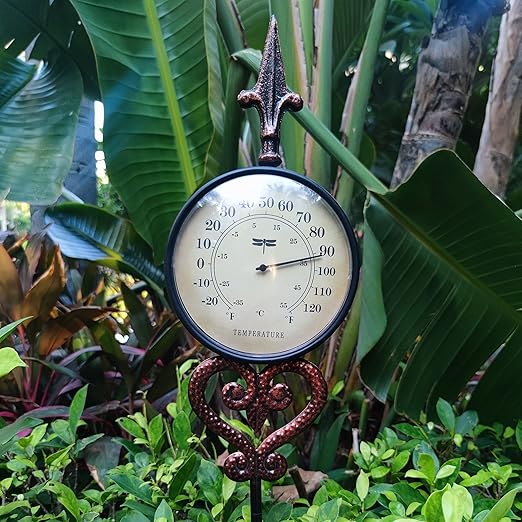 Cast Iron Thermometer Decorative Garden Stakes, Metal Thermometer for Patio Outdoor Decor and Yard Lawn Decorations