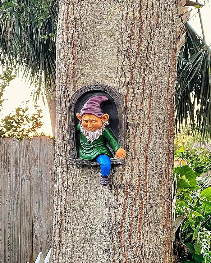 Elenon Gnome Big Tree Faces Garden Decor, 13 inch Gnome Coming Out of Tree Outdoor Decorations, Fairy Elf Hugger Whimsical Peeker Sculpture Yard Patio Art