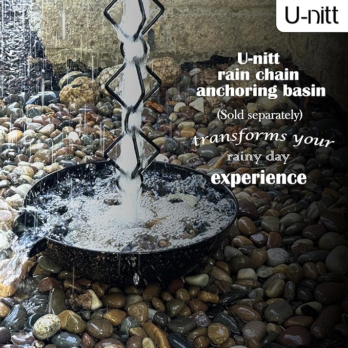 U-nitt Rain Chain Water Collection for Gutters Rainwater Catcher & Diverter, 8.5 FT Chains for Outside Garden, Black Diamond Link, Roof Downspout, Works with Heavy Rain, w/ Gutter Clip for Rainchains