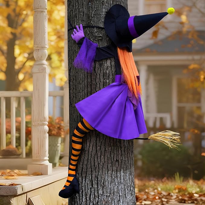 JOYIN 56'' Crashing Witch Halloween Tree Decorations Outdoor, Flying Witch on Broom Hanging Decorations for Yard, Porch, Door, Lawn, Haunted House Prop