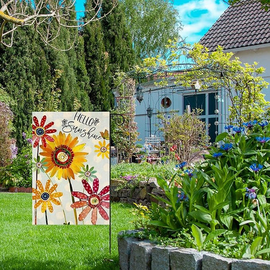 Summer Flowers Garden Flag 12x18 Inch Double Sided,Hello Sunshine Sunflower Daisy Small Yard Flags for Outdoor,Seasonal Decoration for Spring Farmhouse Holiday Outside