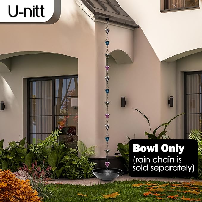 U-nitt 12" Spill Bowl Downspout Catch Basin for Rain Chain Anchoring & Stake | Rainwater Collection for Roof |Gutter Catch Basin | Good for Water Fountain & Birdbath | Black | Handles Heavy Rain