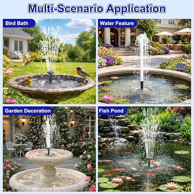 Solar Water Fountain, 2.5 W Solar Bird Bath Fountains with 9.2FT Cable, 5 Nozzles, Outdoor DIY Solar Water Pump Kit for Garden, Ponds, Fish Tank