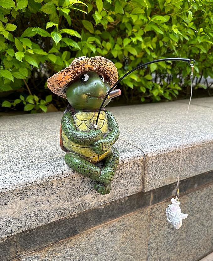 9.5" Turtle Fishing Sculptures & Statues, Whimsical Yard Art, Funny Pond Fisherman, Cute Outdoor Ornament, Unique Gift for Turtle Fishing Lovers
