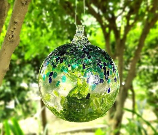 5.5-Inch Solar Powered Hanging Threaded Glass Gazing Ball Outdoor Garden Decoration (Green, Aqua & Blue)