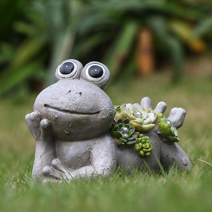 TERESA'S COLLECTIONS Frog Garden Decor with Solar Light for Outdoor Statues,Adorable Lying Frog Resin Lawn Ornaments Resting Animal Succulent Stone Figurines for Porch Patio Gifts for Mom Dad,7.3"