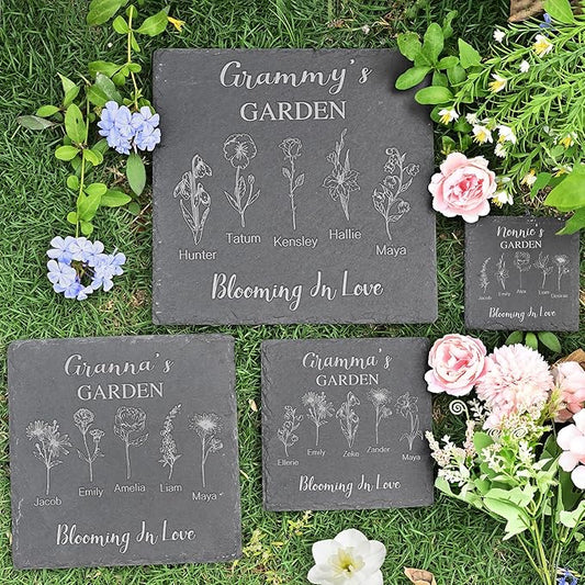 Personalized Garden Stone, Mothers Day & Grammy Gifts, Custom Birth Month Flower, Birthstone Gifts for Her & Mom