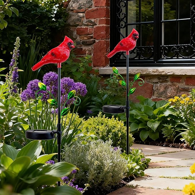 2 Pack Cardinal Garden Decor Red Bird Figurine Solar Lights Garden Stakes Decorative, Cardinal Outdoor Decor for Yard Patio Porch Lawn Ornaments Christmas Memorial Gifts Cemetery Decorations