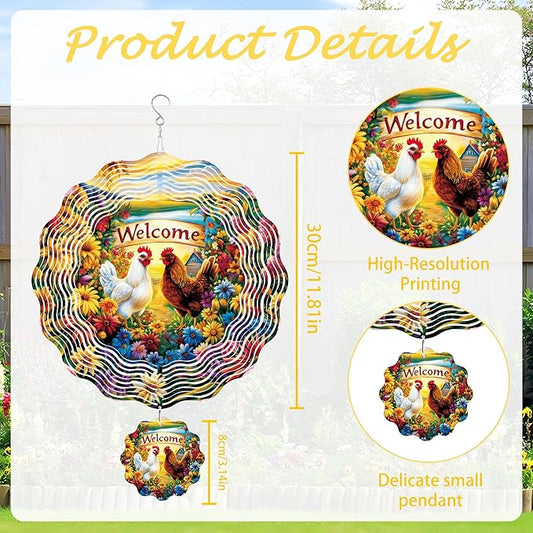 Chicken Wind Spinner Outdoor, Farmhouse Gift for Mom Women, Hanging Metal Wind Catcher with 3" Rooster Center Pendant, 12" 3D Stainless Steel Kinetic Art for Garden Yard