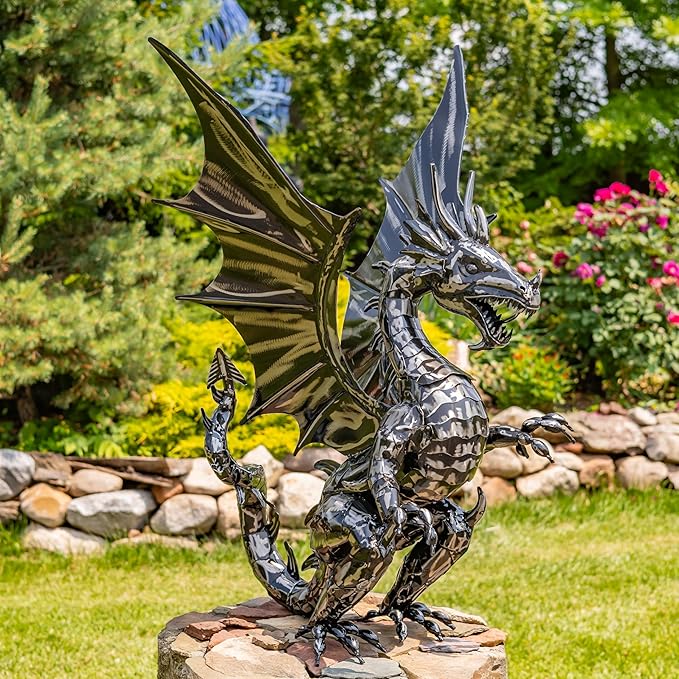 Zaer Ltd. Metal Dragon Garden Statue, Freestanding Outdoor Sculpture, Hand-Painted Metallic Finish (44" Tall Tarragon)