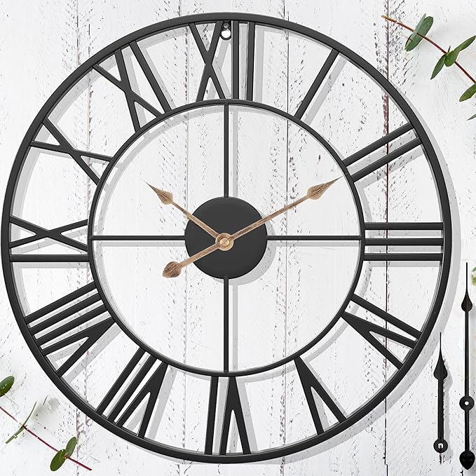 Outdoor Clock – 20 in Large Black Metal Outdoor Wall Clock for Patio/Pool Area – Farmhouse Decorative Outdoor Clocks Sient Battery Operated – Vintage Industrial Outside Clock for Garden, Backyard