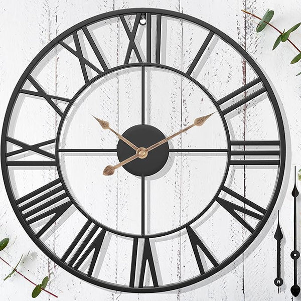 Outdoor Clock – 20 in Large Black Metal Outdoor Wall Clock for Patio/Pool Area – Farmhouse Decorative Outdoor Clocks Sient Battery Operated – Vintage Industrial Outside Clock for Garden, Backyard