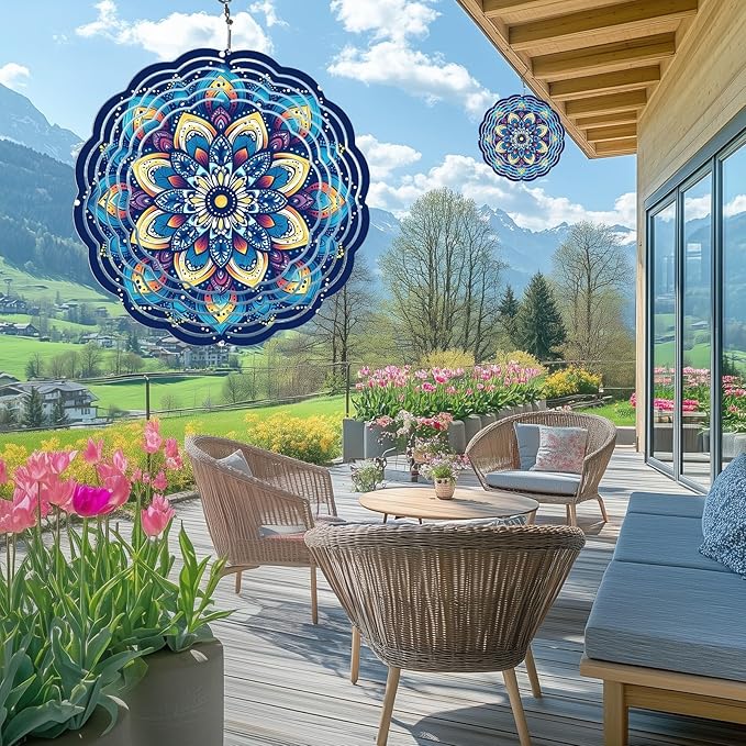 Wind Spinners Outdoor, Hanging Wind Spinner for Garden Decoration, 8 inch 3D Stainless Steel Metal Wind Sculpture for Indoor/Outdoor Decor, Mandala E