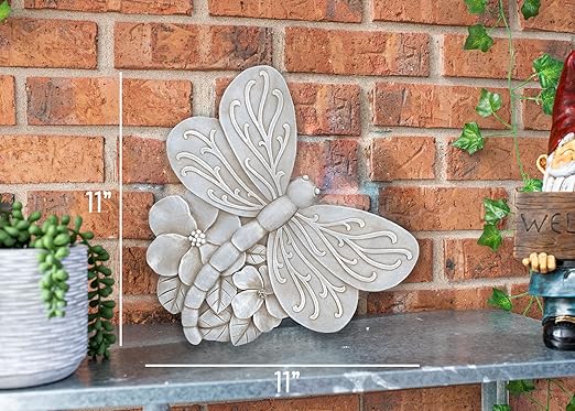 Magnolia Garden 12-Inch Antique White Sculpted Dragonfly Decorative Stepping Stone – 3D Floral Resin Garden Walkway Tile – Weathered Winged Insect Outdoor Accent