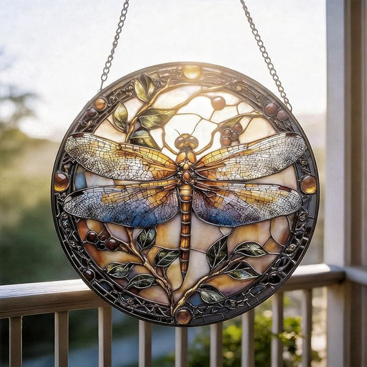 Stained Glass Sun Catcher,A Dragon-flyStained Glass Window Hanging Garden Decor,Sun Catchers Indoor Window,Whimsical Decoration for Home Backyard Patio Lawn Porch with 9.8 INCH