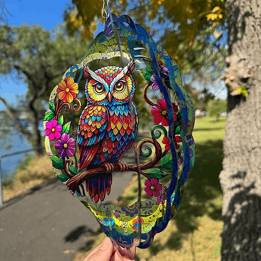 Owl Wind Spinner, 3D Hanging Stainless Steel Garden Spinner, Wind Spinner Hanging for Outdoor & Indoor Décor, Unique Gifts for Yard Garden Decoration or Patio Décor (Owl)