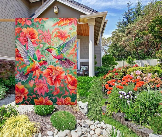 Vibrant Hummingbird Floral House Flag 28x40 Inch Double Sided Spring Summer Outdoor Yard Flag for Patio Porch Lawn Farmhouse