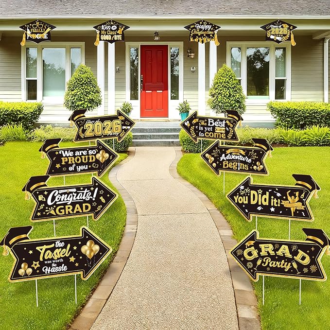 2026 Graduation This Way Yard Sign Arrow for Outdoor Pathway,Graduation Cap Hanging Yard Signs,Black Gold Directional Yard Signs with Stakes Ribbon,Grad Party Decor for College High School