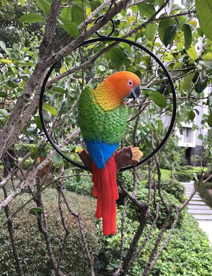 Ruerlity Hanging Parrot Statue Sculpture On Ring Lawn Ideal Decor for Patio Home and Garden