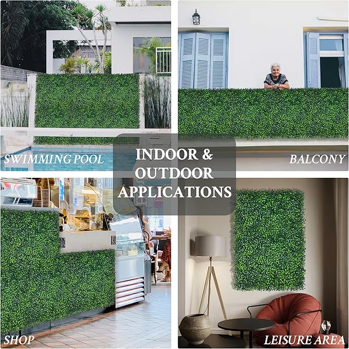 Artificial Grass Wall Panel,10"x 10"(24P) 4-Layer Leaf UV-Anti Greenery Faux Boxwood for Indoor,Outdoor Patio Balcony Privacy & Ivy Fence Covering Privacy, Garden, Backyard Wall Backdrop Decor