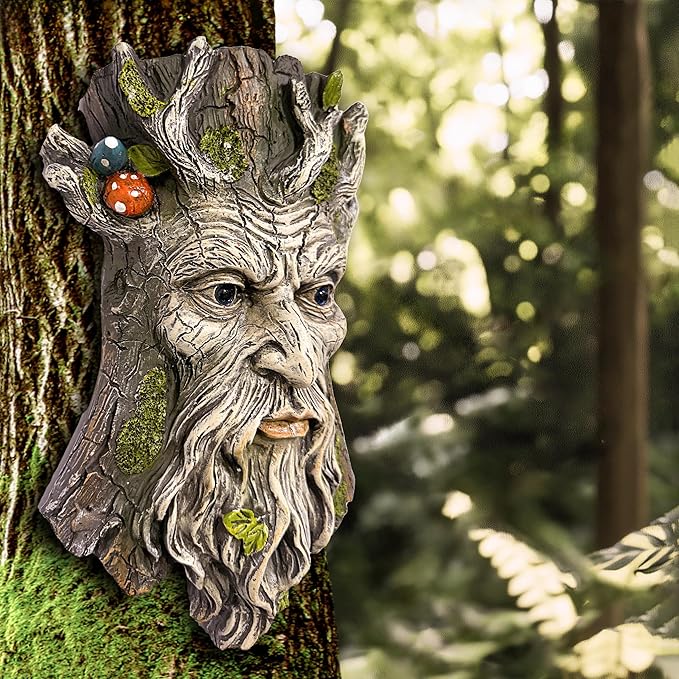 Teaeeno Whimsical Tree Face Garden Decoration, 11.8 in Tree Faces Decor Outdoor Wallmounted Statue Art with Leaf Features, Outdoor Decor Garden Accessory (Outdoors and Nature)